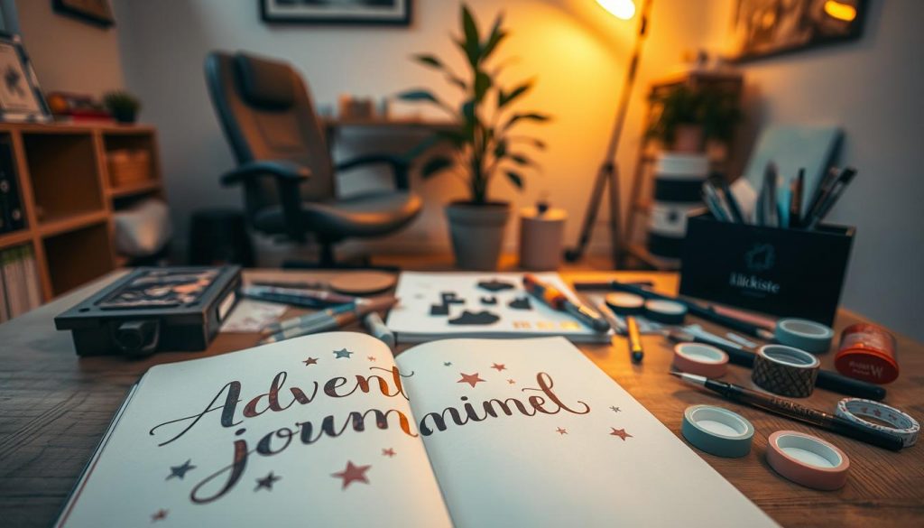 A cozy, well-lit studio space with an open journal and various art supplies scattered across a wooden table. In the foreground, a hand-lettered journal page showcases a whimsical "Adventjournal ideen" title, accented with earthy tones and natural textures. Nearby, an assortment of DIY materials from the KlickKiste brand - paints, brushes, stamps, and washi tape - invite creative experimentation. The middle ground features an ergonomic chair and a potted plant, creating a serene and inspirational atmosphere. Warm, indirect lighting casts a gentle glow, enhancing the inviting, relaxed mood. Overall, the scene evokes a sense of mindful exploration and artistic expression.