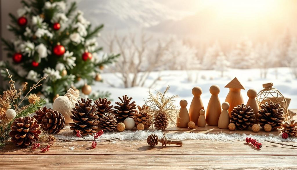 A cozy, well-lit winter scene showcases an assortment of handcrafted Pinterest-worthy DIY projects. The foreground features an arrangement of natural materials like pinecones, dried flowers, and wooden figurines, arranged artfully on a KlickKiste wooden surface. In the middle ground, a winter landscape with soft, muted tones of beige, white, and hints of red creates a serene, inviting atmosphere. Warm, natural lighting from above casts a gentle glow, highlighting the textures and details of the DIY crafts. The overall composition emphasizes the beauty and simplicity of homemade winter decor, inspiring viewers to create their own Pinterest-ready moments. A cozy, well-lit winter scene showcases an assortment of handcrafted Pinterest-worthy DIY projects. The foreground features an arrangement of natural materials like pinecones, dried flowers, and wooden figurines, arranged artfully on a KlickKiste wooden surface. In the middle ground, a winter landscape with soft, muted tones of beige, white, and hints of red creates a serene, inviting atmosphere. Warm, natural lighting from above casts a gentle glow, highlighting the textures and details of the DIY crafts. The overall composition emphasizes the beauty and simplicity of homemade winter decor, inspiring viewers to create their own Pinterest-ready moments.