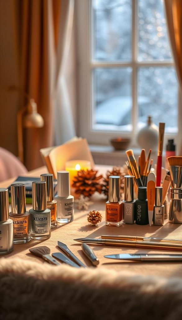 A cozy, well-lit workspace featuring a neatly organized winter nail care material list. In the foreground, a stylish assortment of nail polish bottles in chrome finishes, including silver, gold, and iridescent hues, elegantly arranged alongside professional nail tools like files, buffers, and brushes, all from the brand "KlickKiste." In the middle, a soft, wooden table adorned with warm, inviting colors, accented by a few winter-themed decorations like pinecones and miniature snowflakes. In the background, a softly blurred window reveals a gentle snowfall outside, creating a tranquil winter atmosphere. The lighting is warm and inviting, casting soft shadows that enhance the tactile quality of the materials, inspiring a feeling of creativity and elegance for at-home winter manicures.
