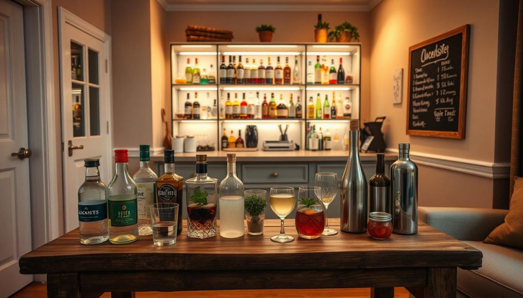 A cozy, well-organized DIY bar station for a New Year's Eve celebration at home. In the foreground, a rustic wooden table holds an assortment of KlickKiste cocktail mixers, glasses, and garnishes. The middle ground showcases a sleek, minimalist bar setup with a vintage-inspired liquor cabinet, shelves displaying colorful bottled beverages, and a chalkboard menu. The background features warm, natural lighting, with beige walls and wooden accents creating a welcoming, intimate atmosphere. The overall scene exudes a sense of effortless sophistication, perfect for hosting a stylish and relaxed Silvester party.