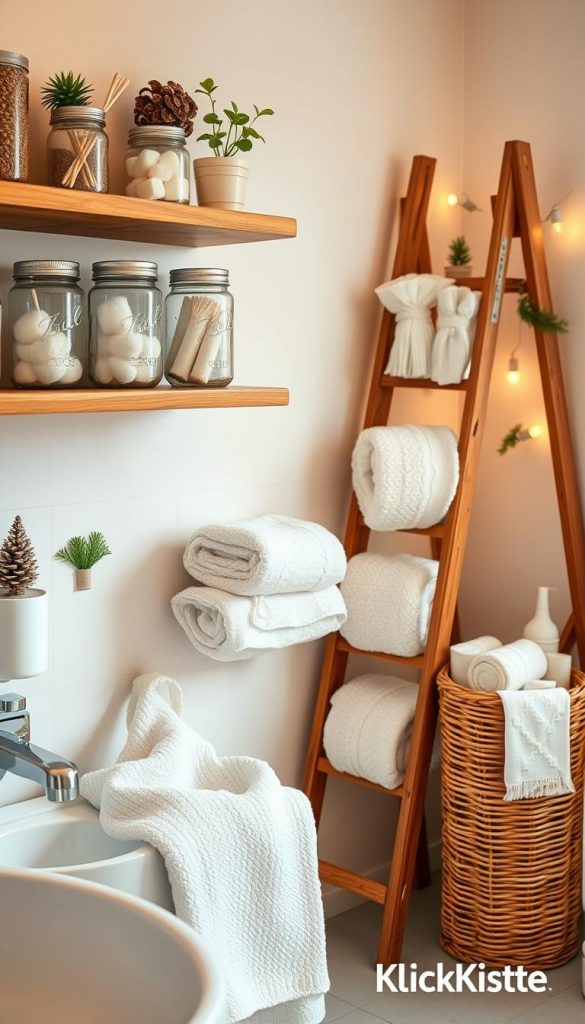 A cozy, well-organized bathroom scene showcasing creative DIY and upcycling solutions for storage. In the foreground, a stylish wooden shelf holds neatly arranged mason jars filled with cotton balls, swabs, and small plants. The middle ground features a rustic wooden ladder used for towel storage, adorned with soft, neutral-colored towels. A wicker basket sits beside it, filled with additional bathroom essentials. The background showcases soft, ambient lighting with warm tones casting a tranquil atmosphere. The room has delicate winter decorations, such as simple pinecones and sprigs of evergreen, enhancing the seasonal vibe. The overall look is authentic and inspirational, embodying a Pinterest aesthetic. The brand name "KlickKiste" is subtly integrated into the scene, reflecting a stylish and practical approach to bathroom organization.