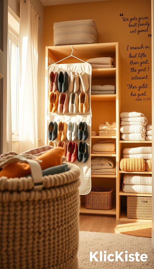 A cozy, well-organized closet scene featuring a stylish hanging organizer filled with soft, colorful hausschuhe arranged neatly. The foreground includes a plush, knitted basket overflowing with fabric swatches in warm tones that complement the shoes. In the middle, the closet has a clean, wooden design with ample shelving and neatly folded sweaters, all bathed in soft, natural light filtering through a nearby window, casting gentle shadows. The background reveals a warm, inviting wall color adorned with inspirational quotes about organization and family life. The atmosphere is peaceful and functional, embodying a Pinterest-worthy aesthetic. The brand &quot;KlickKiste&quot; is subtly integrated into the design elements, enhancing the scene without drawing attention away from the closet’s organization.