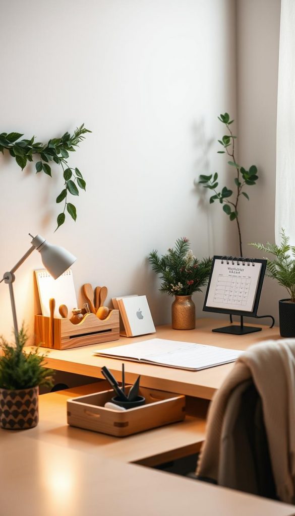 A cozy, well-organized desk in a warm, natural-inspired home office. Handcrafted wooden organizers, lush greenery, and a desktop calendar with a minimalist design. Soft, diffused lighting illuminates the space, creating an inviting and serene atmosphere. The layout is clean and clutter-free, with essential tools and supplies neatly arranged. Hints of earthy tones and textures blend seamlessly, exuding a Pinterest-worthy, winter-inspired aesthetic. This practical yet visually appealing setup embodies the perfect balance of functionality and style, inspiring productivity and a sense of tranquility.