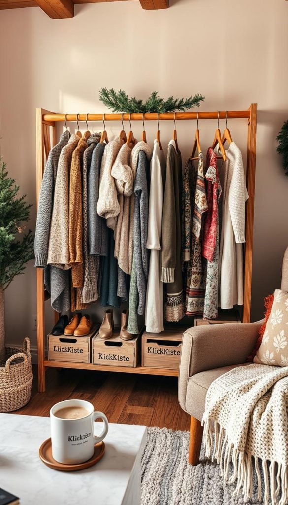 A cozy, well-organized dresscode corner in a warm, rustic living room. Soft, natural lighting illuminates a wooden clothing rack displaying a variety of winter outfits - knitted sweaters, scarves, and festive dresses. Wooden crates labeled &quot;KlickKiste&quot; hold accessories and jewelry. A comfy armchair, a mug of hot cocoa, and a cozy throw blanket set the mood for a relaxed, family-friendly Silvester celebration. Earthy tones, natural textures, and a touch of winter charm create an inviting, Pinterest-inspired atmosphere.