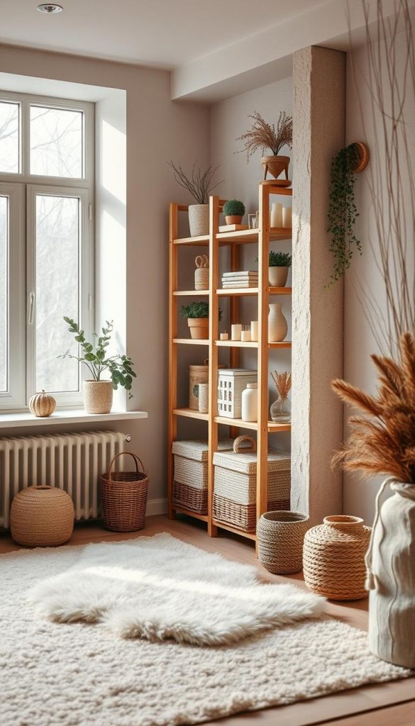 A cozy, well-organized home interior with natural textures, soft lighting, and a serene atmosphere. A wooden shelving unit with carefully arranged items, including potted plants, candles, and decorative accents. A plush rug on the floor, adding warmth and comfort. Soft, muted colors create a calming palette, while a large window allows natural light to filter in, casting a gentle glow throughout the space. The overall impression is one of order, tranquility, and a touch of Hygge-inspired coziness, perfect for the winter season.