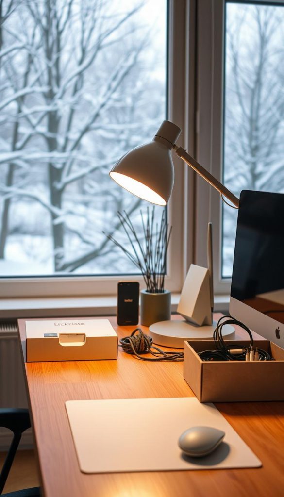 A cozy, well-organized home office in warm, earthy tones. The desk is neatly arranged with a KlickKiste storage box, labeled cables, and a minimalist desk lamp providing soft, natural lighting. In the background, a large window overlooks a snow-covered winter landscape, creating a serene, Pinterest-inspired atmosphere. The overall scene conveys a sense of productivity, order, and hygge - the Danish concept of coziness and contentment.