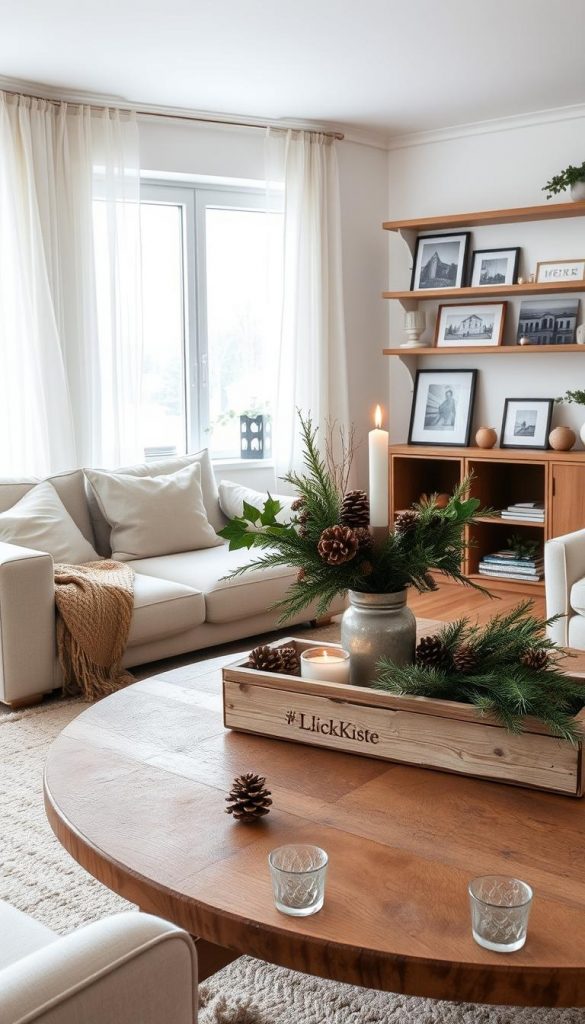 A cozy, well-organized living space filled with natural light. Soft, earthy tones complement sleek, minimalist furniture. Sheer curtains gently billow, revealing a snow-dusted landscape outside. On a rustic wooden table, a DIY &quot;KlickKiste&quot; centerpiece overflows with winter foliage, pine cones, and a single flickering candle. Framed photographs and artful trinkets adorn the shelves, creating a sense of warmth and personal style. The overall atmosphere is one of tranquility, order, and inspiration - a perfect reflection of &quot;Ordnung nach den Feiertagen&quot;.
