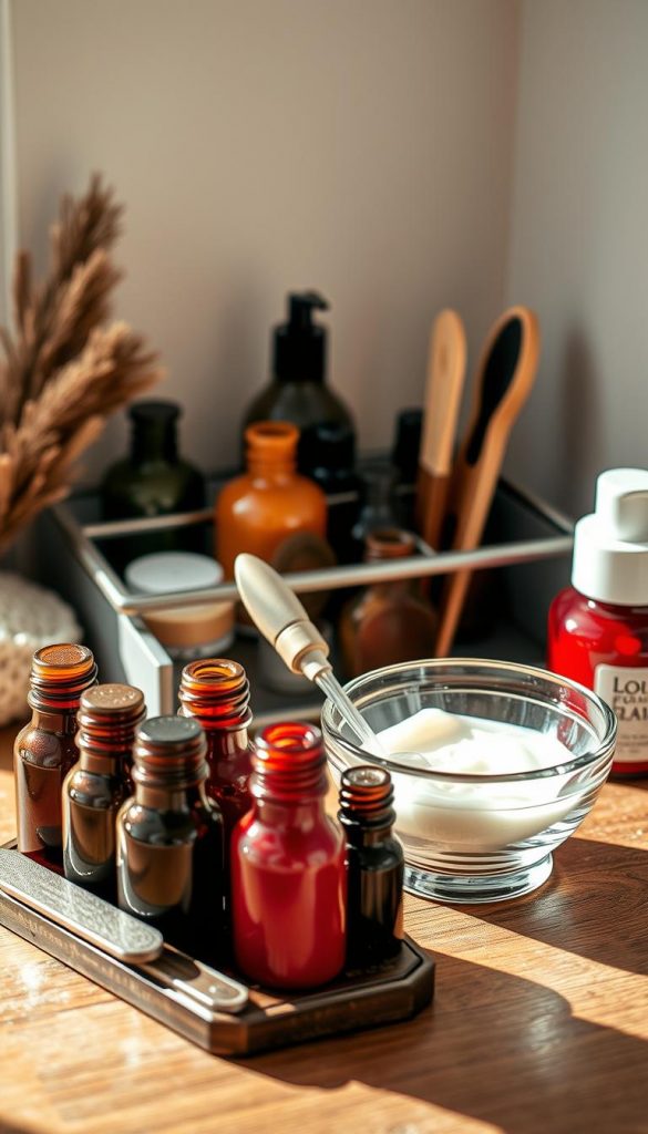 A cozy, well-organized manicure station with warm, natural lighting. In the foreground, an array of polished bottles in earthy tones like burgundy, caramel, and olive green, arranged neatly on a wooden tabletop. In the middle ground, a KlickKiste filled with essential tools - nail files, cuticle pushers, and a glass bowl of soothing hand salve. The background features a soft, textured wall in a complementary shade, creating a calming, Pinterest-worthy atmosphere. The overall mood is one of simplicity, functionality, and winter-inspired comfort.