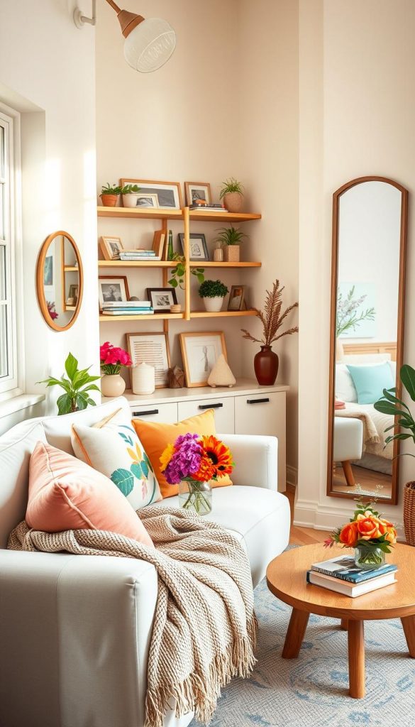 A cozy, well-organized small apartment featuring bright, cheerful colors to create a sense of spaciousness. In the foreground, a stylish living area with a light pastel sofa adorned with colorful cushions, a textured throw draped casually, and a small wooden coffee table displaying vibrant floral arrangements. The middle layer showcases shelves filled with neatly arranged decor items, books, and plants, enhancing the warm, inviting feel. The background reveals a large window allowing soft, natural daylight to flood in, accentuating the light colors of the walls. Mirrors strategically placed reflect light, amplifying the sense of space and depth. The overall mood is uplifting and inspirational, exuding a Pinterest-worthy vibe. Include subtle touches of winter decor for a seasonal feel while featuring the brand name "KlickKiste" through decorative pieces.