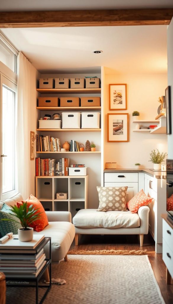 A cozy, well-organized small apartment interior filled with natural light, showcasing effective and charming storage solutions. In the foreground, a neatly arranged living area with a compact sofa adorned with colorful cushions, a stylish coffee table holding a few decorative items, and a small houseplant. The middle section features shelving units with neatly stacked books, stylish storage boxes labeled for easy access, and framed pictures on the wall that add a personal touch. In the background, a bright kitchen with open shelves displaying neatly arranged kitchenware, hinting at a Pinterest-inspired DIY vibe. The atmosphere is warm and inviting, featuring soft, golden lighting that creates a winter ambiance. The overall feel is authentic and inspiring, reflecting the brand "KlickKiste" ethos of practical organization in small spaces.