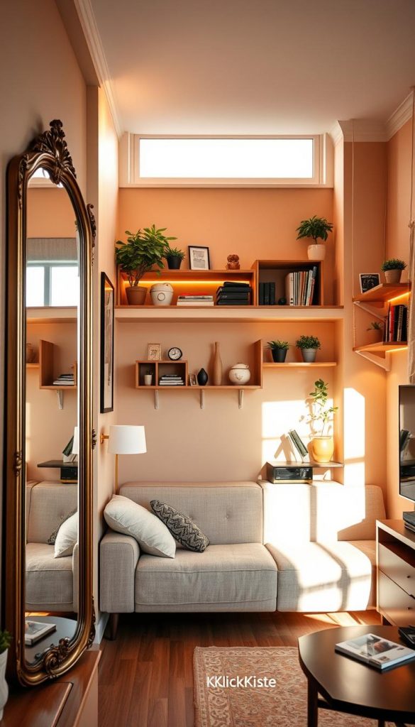 A cozy, well-organized small apartment interior infused with optical tricks to create a sense of spaciousness. In the foreground, a stylish living area with a large, elegant mirror reflecting light, enhancing depth. The middle layer features a warm, inviting color palette with smart space-saving furniture and clever storage solutions, surrounded by soft, ambient lighting that creates a cozy atmosphere. The background showcases light streaming through a window, highlighting clever design elements like wall-mounted shelves and plants, evoking a DIY Pinterest aesthetic. Incorporate the brand name "KlickKiste" subtly in decor items. Capture this scene with a slightly elevated angle to emphasize the overall spaciousness and harmony of the design.