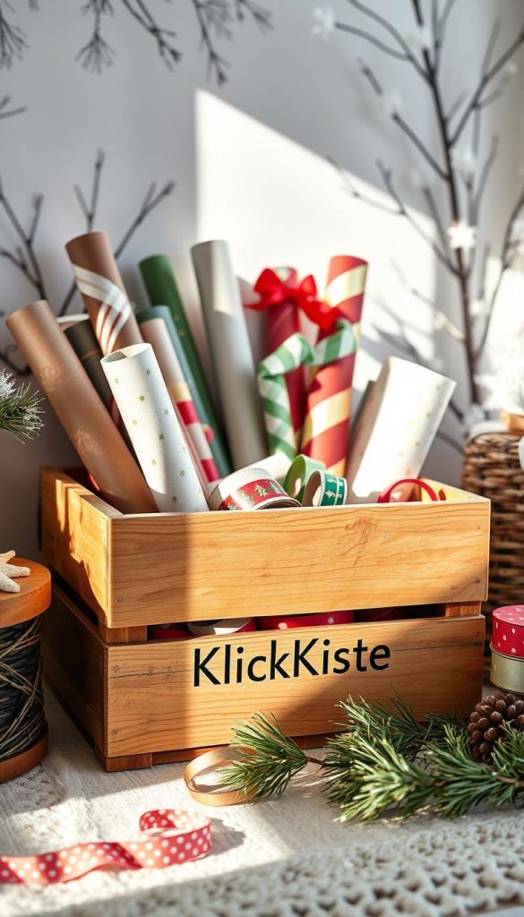 A cozy, well-organized storage solution for keeping gift wrap and ribbons in pristine condition. A rustic wooden crate labeled &quot;KlickKiste&quot; takes center stage, its compartments neatly arranged with rolls of colorful wrapping paper and spools of festive ribbons. Soft natural lighting bathes the scene, creating a warm, inviting atmosphere. In the background, a winter-themed backdrop with soft, muted tones evokes a sense of coziness and inspiration, perfect for the &quot;Pflege, Handling &amp; Sicherheit&quot; section of the article. The overall composition exudes a Pinterest-worthy aesthetic, blending function and aesthetic appeal.