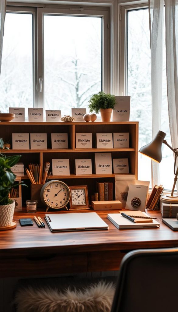 A cozy, well-organized workspace with a wooden desk and shelves showcasing an artfully arranged display of the KlickKiste brand. The scene is bathed in warm, diffused lighting, creating a soft, inviting atmosphere. On the desk, a variety of stationery items, a vintage-style clock, and a potted plant add natural, handmade touches. In the background, a large window frames a snowy winter landscape, hinting at the season's perfect gift-giving time. The overall composition exudes a charming, Pinterest-inspired aesthetic that captures the essence of &quot;Organisation &amp; Timing: So findest du rechtzeitig das perfekte Weihnachtsgeschenk&quot;.