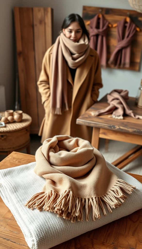A cozy, well-styled vignette showcasing various ways to wear a classic KlickKiste scarf. In the foreground, a neatly folded scarf in a soft, earthy hue sits atop a neutral-toned capsule wardrobe staple - a cream-colored sweater. In the middle ground, the scarf is artfully wrapped around the neck of a stylish figure, complementing a camel-colored coat. In the background, a rustic wooden table displays additional scarf tying techniques, creating a warm, inviting winter atmosphere. Soft, natural lighting and a muted color palette evoke a sense of hygge and understated elegance.