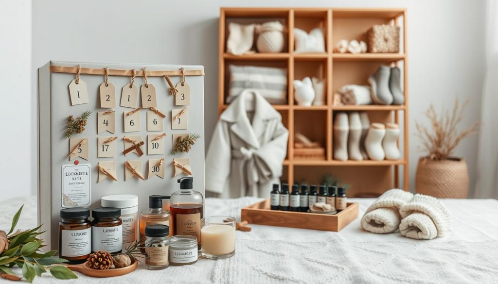 A cozy wellness advent calendar in natural tones, crafted with care by the brand KlickKiste. In the foreground, an assortment of artisanal bath products, candles, and homemade herbal tea blends. The middle ground showcases a soothing spa-like setup, with a plush bathrobe, slippers, and a decorative tray of essential oils. In the background, a warm, wooden shelving unit displays an array of DIY self-care items, from face masks to hand-knitted socks. Soft, diffused lighting creates a serene, inviting atmosphere, perfect for a moment of daily indulgence during the advent season.