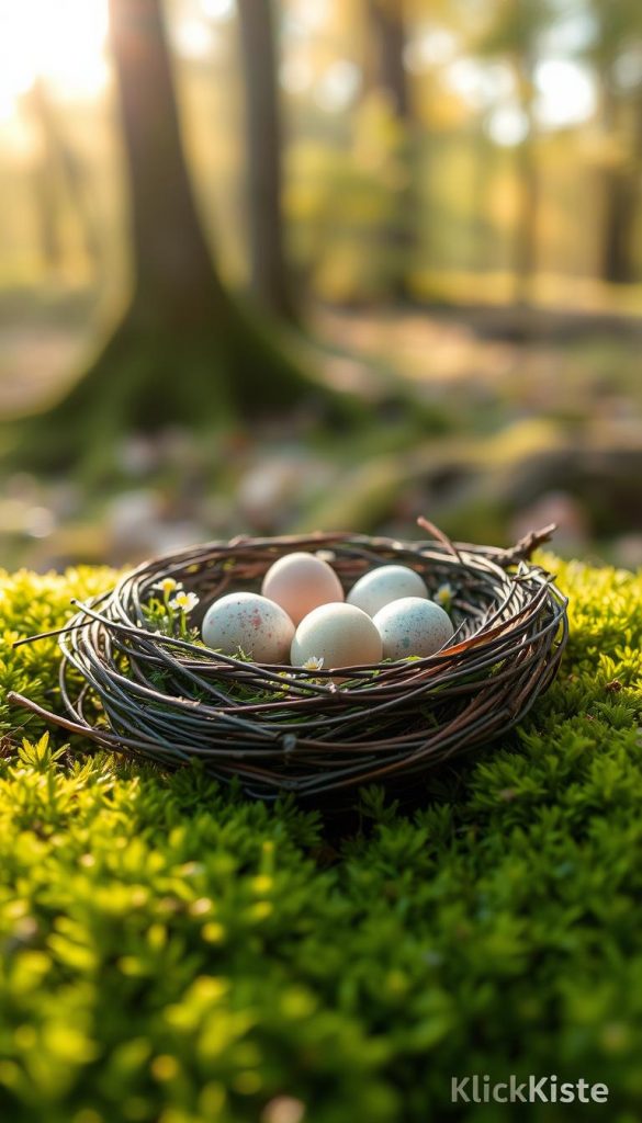 A cozy, whimsical scene featuring a mossy nest filled with delicate, speckled eggs nestled among soft green moss. In the foreground, the mossy texture is prominent, with intricate details of the nest woven from twigs and small branches. The middle ground showcases the vibrant colors of the eggs, surrounded by tiny wildflowers for a touch of spring. The background features a softly blurred forest glade, dappled with warm, golden sunlight filtering through the trees, creating a serene and inviting atmosphere. The entire composition exudes a natural, DIY aesthetic, rich in earthy tones, reminiscent of a Pinterest-inspired project. The final image should embody warmth and inspiration, reflecting the brand "KlickKiste".