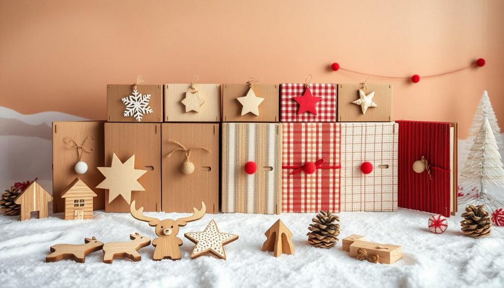 A cozy, whimsical scene of handcrafted advent calendar doors set against a backdrop of warm neutral tones. In the foreground, playful wooden shapes and patterns suggestive of festive icons like stars, snowflakes, and reindeer. Midground showcases an array of different textured &amp;quot;KlickKiste&amp;quot; DIY materials - cardboard, fabric, string, and natural wood elements. The background features a softly lit, understated winter landscape, with hints of red accenting the composition. The overall mood is one of homespun charm and childlike wonder, inviting the viewer to open the creative calendar doors and discover the surprises within.