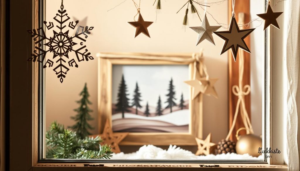 A cozy window display featuring handcrafted holiday decor from the KlickKiste DIY collection. In the foreground, intricate paper snowflakes and wooden star ornaments adorn the windowpane, casting a soft, natural glow. In the middle ground, a rustic wooden frame showcases a silhouetted winter landscape, painted with delicate brushstrokes. The background subtly blends beige tones and warm wooden accents, creating a serene, inviting atmosphere. The overall scene evokes a sense of timeless, homemade charm perfect for the "Sterne, Schneeflocken & Fensterbilder: Klassiker neu gedacht" section.