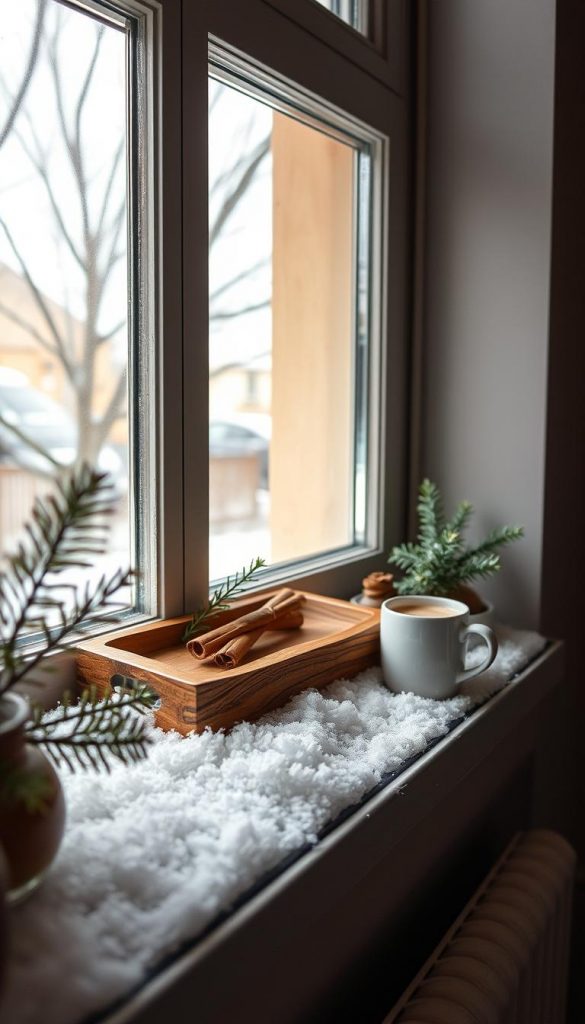 A cozy window ledge with a miniature glass &quot;Fensterbank Miniwelt&quot; display, capturing the essence of a warm and inviting winter scene. Soft, natural lighting filters through, casting a gentle glow on the carefully curated array of DIY decorations - a rustic wooden tray, a sprig of fragrant greenery, a sprinkling of cinnamon sticks, and a mug of steaming cocoa. The overall atmosphere exudes a charming, Pinterest-inspired &quot;KlickKiste&quot; aesthetic, perfect for the &quot;Fensterbank &amp; Wand: Kleine Flächen, große Wirkung&quot; section of the &quot;Kaffee-Ecke weihnachtlich – Mini-Bar mit Zimt &amp; Kakao&quot; article.