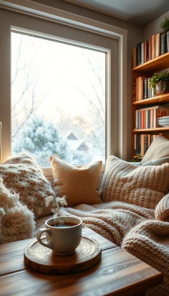 A cozy window seat adorned with soft, fluffy cushions and a warm, knitted throw. The foreground features a steaming cup of tea placed on a small, rustic wooden table. In the middle ground, the large window frames a snowy winter landscape outside, with delicate frost patterns on the glass enhancing the inviting atmosphere. Natural light filters through, casting a soft golden glow across the scene, highlighting the rich, warm colors of the cushions and the wooden accents. In the background, a bookshelf filled with well-loved books and greenery adds depth and enhances the inviting, tranquil mood. The overall vibe is one of warmth and comfort, perfect for reading on a winter day. This image reflects the essence of "KlickKiste" with a natural DIY aesthetic reminiscent of Pinterest inspiration.