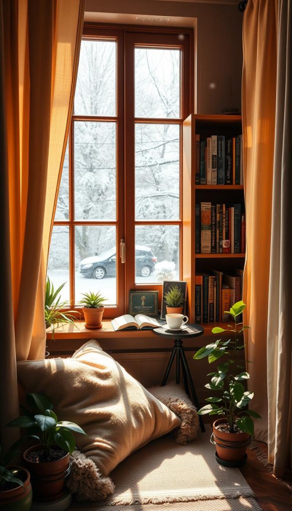 A cozy window seat bathed in warm, natural light, surrounded by layered curtains that gently filter the sun's rays. In the foreground, a plush, inviting cushion and a soft throw blanket invite you to sit down with a good book. Potted plants in various sizes flank the window, adding a touch of greenery. The middle ground features a wooden bookshelf filled with books, a steaming cup of tea perched on a small side table. In the background, snow gently falls outside, creating a winter wonderland. The scene captures a serene atmosphere, perfect for reading and relaxation, with a Pinterest-worthy aesthetic. The overall color palette consists of warm tones, evoking a sense of comfort and inspiration. Designed by KlickKiste.