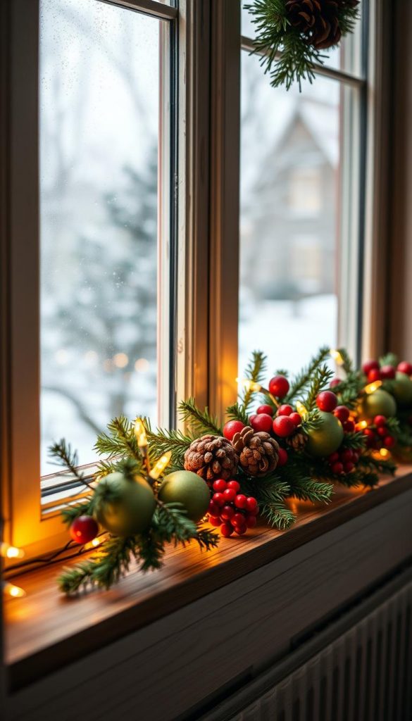 A cozy window sill adorned for the Christmas season, featuring a natural arrangement of evergreen branches and festive decorations. The foreground showcases a wooden window ledge with a subtle rustic finish, decorated with small, colorful ornaments and twinkling fairy lights that cast a warm glow. In the middle, plump pinecones and clusters of red berries contrast beautifully with the greenery, creating an inviting atmosphere. The background reveals a softly lit room with a hint of a snowy landscape visible through frosty glass panes, enhancing the winter vibes. The overall scene embodies a Pinterest-inspired aesthetic, filled with warm colors and authenticity, radiating a sense of celebration and comfort. Perfect for a festive article by KlickKiste.