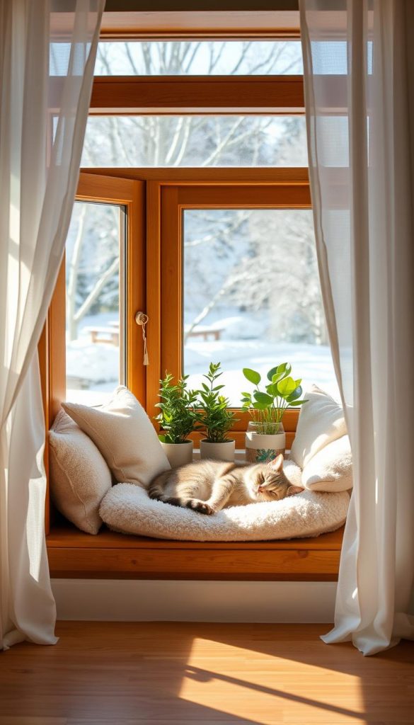 A cozy window spot designed for pets in a warm winter atmosphere, featuring a plush pet bed nestled within a wooden window nook adorned with soft, neutral-colored cushions. The foreground showcases a sleeping cat, basking in soft, natural sunlight that filters through sheer white curtains, illuminating the space with a gentle glow. In the middle, there's a beautifully arranged collection of green plants, adding a touch of nature, while a few decorative items that evoke a Pinterest aesthetic enhance the decor. The background reveals a snow-covered landscape outside, creating a serene and peaceful environment. Capture this scene with a soft focus lens, emphasizing the warmth and coziness. The style should reflect “KlickKiste,” embodying authentic and inspiring DIY decor. A cozy window spot designed for pets in a warm winter atmosphere, featuring a plush pet bed nestled within a wooden window nook adorned with soft, neutral-colored cushions. The foreground showcases a sleeping cat, basking in soft, natural sunlight that filters through sheer white curtains, illuminating the space with a gentle glow. In the middle, there's a beautifully arranged collection of green plants, adding a touch of nature, while a few decorative items that evoke a Pinterest aesthetic enhance the decor. The background reveals a snow-covered landscape outside, creating a serene and peaceful environment. Capture this scene with a soft focus lens, emphasizing the warmth and coziness. The style should reflect “KlickKiste,” embodying authentic and inspiring DIY decor.