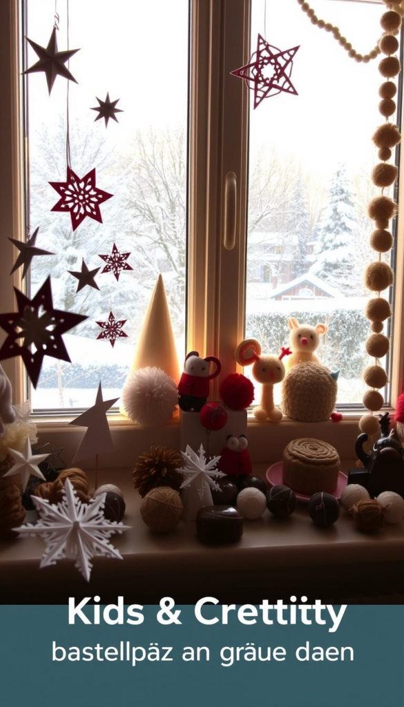 A cozy windowsill adorned with handcrafted decorations and whimsical DIY crafts, casting a warm, inviting glow. In the foreground, paper snowflakes and origami shapes flutter gently, their delicate silhouettes dancing in the soft natural light. The middle ground features a collection of colorful felt figures, pom-poms, and textured garlands, arranged with a touch of rustic charm. The background showcases a picturesque winter landscape, with snow-covered trees and a hint of a cozy interior, evoking a sense of hygge and wholesome family time. The overall scene exudes a perfect blend of natural materials, playful creativity, and a touch of seasonal wonder, capturing the essence of &quot;Kids &amp; Kreativität: Bastelspaß an grauen Tagen&quot;.