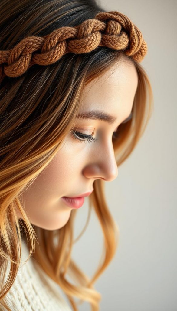 A cozy winter accessory with a stylish twist, a handmade headband featuring a braided design in warm, earthy tones. Soft, textured fabric flows gently, creating an effortless, natural look. Flattering close-up, highlighting the intricate knot detail and the rich, muted palette evocative of the season. Warm studio lighting casts a gentle glow, emphasizing the handcrafted charm. Crisp, high-resolution image with a clean, minimalist background, perfect for a DIY fashion editorial with a Pinterest-inspired aesthetic.