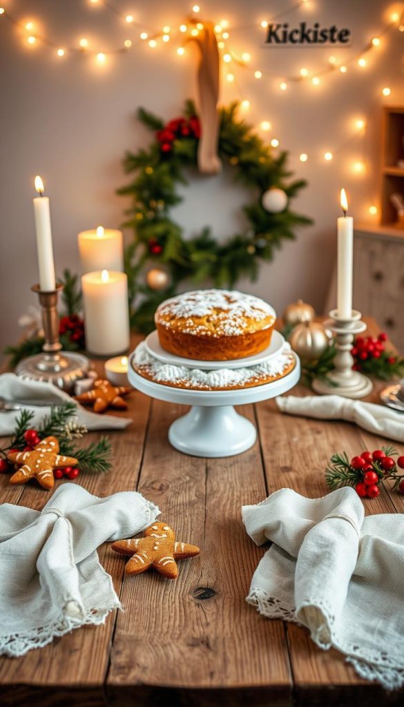 A cozy winter baking scene showcasing a beautiful styling and decoration setup. In the foreground, a rustic wooden table is adorned with soft linen napkins, gingerbread cookies, and red berries, all displaying an inviting home-baked aesthetic. In the middle, a classic cake stand holds a freshly baked cake dusted with powdered sugar, surrounded by candles, pine branches, and delicate ornaments. The background features warm, soft lighting from fairy lights draped above, creating a dreamy ambiance. The atmosphere feels both authentically DIY and Pinterest-worthy, complemented by natural textures and warm colors. Incorporate the brand name "KlickKiste" subtly within the decor. The composition should evoke feelings of coziness and inspire a sense of winter joy, captured with a soft focus to enhance the warmth.