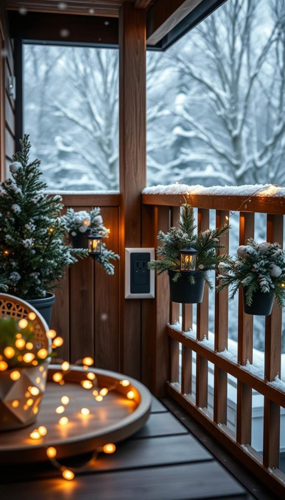 A cozy winter balcony scene showcasing smart lighting solutions, featuring a stylish "stromanschluss" (power connection) for outdoor illumination. In the foreground, a beautifully arranged table with soft, warm-toned fairy lights, casting a gentle glow. The middle ground highlights a modern, sleek power outlet discreetly integrated into wooden railing, blending with the balcony's natural aesthetic. In the background, softly falling snowflakes add to the winter vibes, while evergreen plants decorated with soft lighting enhance the inviting atmosphere. The scene should embody a warm, inspiring Pinterest aesthetic, evoking a feeling of tranquility and relaxation during a winter evening. The brand name "KlickKiste" should be subtly integrated into the design elements, ensuring a natural look without overt branding. Use soft, diffused lighting to create a welcoming ambiance, shot at a slight angle to capture the depth of the balcony setting.