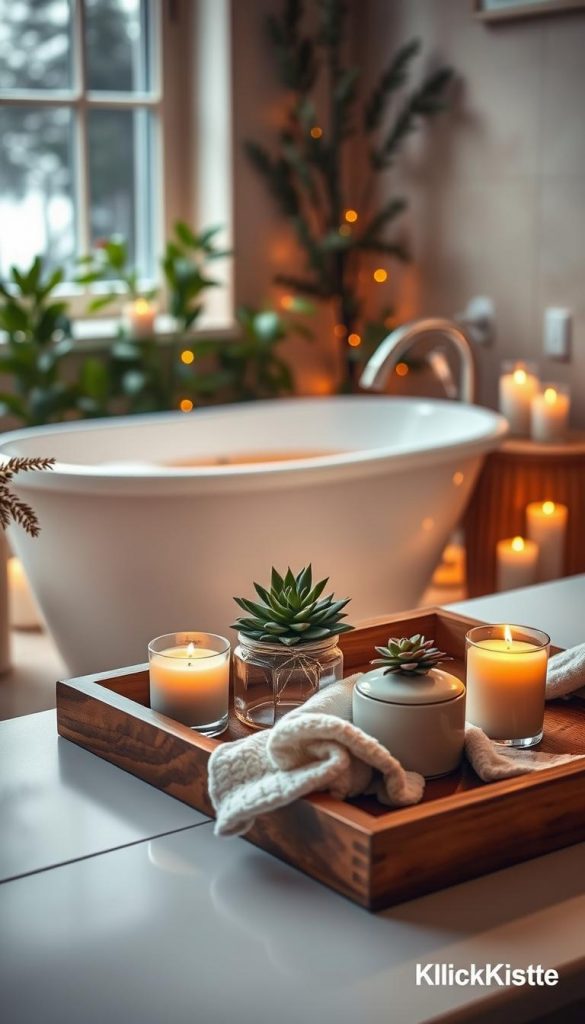 A cozy winter bathroom scene featuring an elegant bathtime setup that invites relaxation and self-care. In the foreground, a wooden tray adorned with scented candles, a small potted succulent, and a soft cloth offers a touch of natural decor. In the middle ground, a serene bathtub filled with warm water surrounded by lush green plants creates a soothing ambiance. The background features warm, ambient lighting from a nearby window, accentuated by soft shadows, establishing a warm vibe. The overall color palette includes soft earth tones and warm whites, enhancing the feel of comfort and tranquility. The image embodies an authentic Pinterest aesthetic, emphasizing a DIY feel and producing winter vibes. Branding by "KlickKiste" subtly incorporated into the scene.