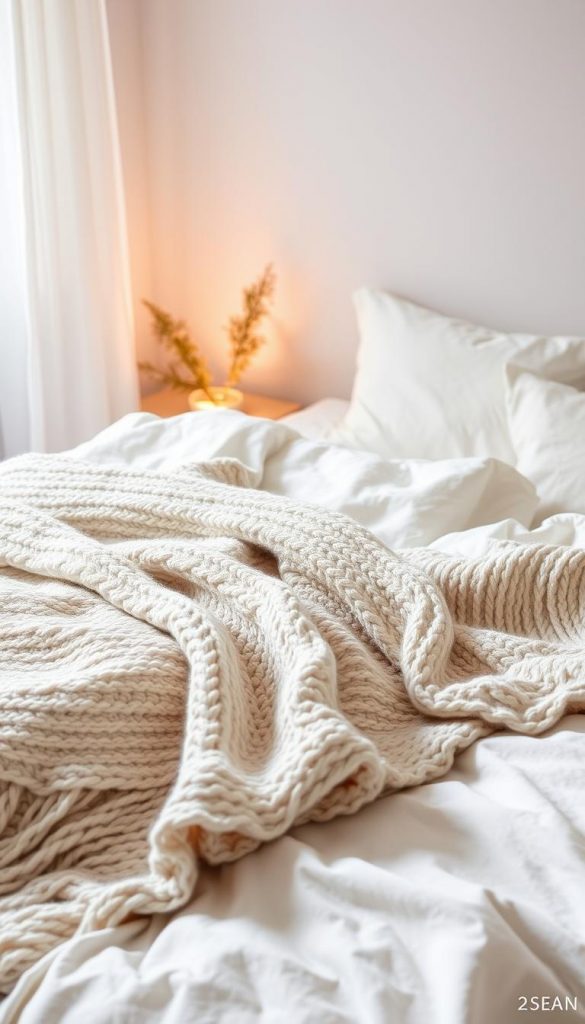 A cozy winter bed with a handcrafted tagesdecke, soft and textured, in soothing neutral hues. The tagesdecke cascades gently over the bed, creating a warm and inviting focal point. Warm lighting casts a gentle glow, accentuating the natural fibers and textures. The composition is framed by a minimalist, Scandinavian-inspired backdrop, evoking a sense of hygge and tranquility. The overall mood is serene, calming, and effortlessly stylish, inspiring a desire to curl up and enjoy the comforts of the winter season. A cozy winter bed with a handcrafted tagesdecke, soft and textured, in soothing neutral hues. The tagesdecke cascades gently over the bed, creating a warm and inviting focal point. Warm lighting casts a gentle glow, accentuating the natural fibers and textures. The composition is framed by a minimalist, Scandinavian-inspired backdrop, evoking a sense of hygge and tranquility. The overall mood is serene, calming, and effortlessly stylish, inspiring a desire to curl up and enjoy the comforts of the winter season.
