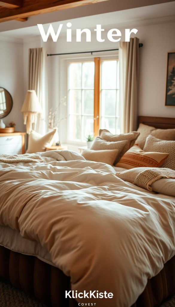 A cozy winter bedding scene showcasing a beautifully layered duvet setup, emphasizing warmth and comfort. In the foreground, an inviting plush duvet in soft, neutral tones lies artfully draped over a luxurious king-size bed. Warm, natural lighting streams in through a large window, casting a gentle glow across the bedding. In the middle, decorative throw pillows in rich textures and patterns, complemented by a knit blanket, create an inviting atmosphere. In the background, a softly decorated room features wooden accents and warm colors, enhancing the winter vibes. The overall ambiance is serene and inviting, perfect for illustrating comfort and warmth during colder months. Authentic DIY aesthetic with Pinterest-worthy allure. Branding subtly included as &quot;KlickKiste.&quot;