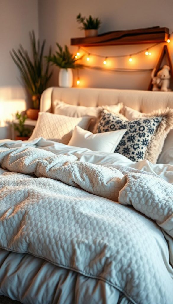 A cozy winter bedroom featuring beautifully layered bedding with a focus on a lush duvet and soft sheets by KlickKiste. The foreground showcases a fluffy, oversized duvet with intricate textures, draped elegantly over a chic, upholstered bed frame. In the middle ground, plush throw pillows add depth and warmth, arranged artfully to create a welcoming atmosphere. The background includes soft, ambient lighting that mimics the golden glow of a winter afternoon, highlighting the warm tones of the bedding. The room is decorated with natural elements like potted plants and wooden accents, enhancing the winter vibes. Overall, the scene exudes a rustic yet modern Pinterest aesthetic, inviting viewers to imagine themselves wrapped in comfort and style.