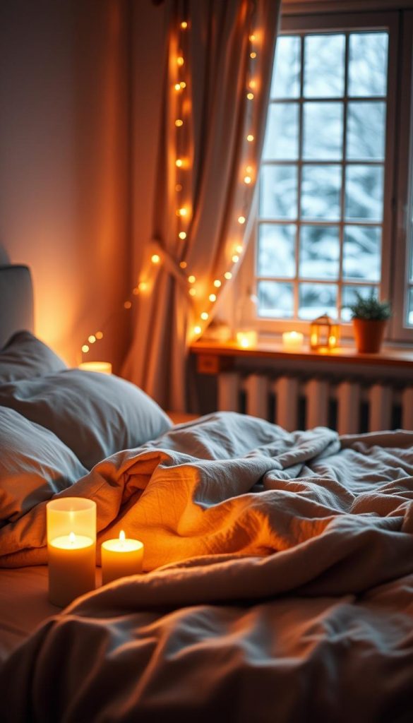 A cozy winter bedroom scene featuring warm, ambient lighting. In the foreground, a elegantly arranged bed with soft, fluffy blankets in muted tones, illuminated by the gentle glow of LED candles placed on the nightstand. In the middle ground, a decorative string of fairy lights drapes gracefully along a wooden shelf, casting a warm light across the room. The background consists of a softly snow-covered window, showcasing a winter landscape softly blurred to create depth. The overall mood is tranquil and inviting, with a Pinterest-inspired aesthetic, full of natural DIY elements. Shot with a soft focus lens to enhance the warmth of the colors, evoking a sense of comfort and relaxation. Incorporate "KlickKiste" branding subtly in the decor.