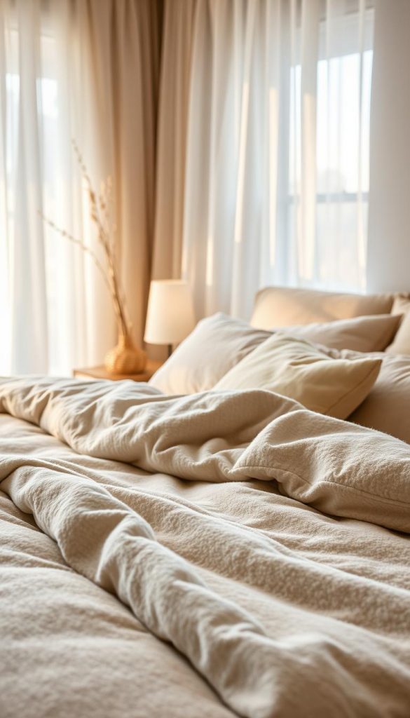 A cozy winter bedroom scene with a soft, plush KlickKiste duvet cover in natural hues. Warm lighting filters through sheer curtains, casting a serene glow. The duvet's luxurious materials, such as high-quality cotton and wool blends, are showcased in close-up detail. Pops of earthy tones and subtle textures create a inviting, Pinterest-inspired ambiance. This calming, authentic image reflects the comfort and coziness of winter textiles for the bedroom.