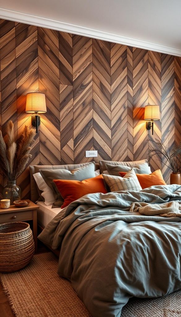 A cozy winter bedroom with a warm and inviting ambiance. A feature wall showcases a beautifully textured wooden paneling, casting a soft glow from gentle wall sconces. The panels are arranged in a captivating herringbone pattern, creating depth and visual interest. Accents of earthy tones, such as ochre and terracotta, complement the natural wood tones. Plush, oversized bedding in muted shades of gray and cream exude a sense of hygge. Decorative elements, like woven baskets and dried botanicals, add organic touches that enhance the serene, rustic atmosphere. Hints of greenery, such as potted plants or a small evergreen branch, infuse the scene with a touch of nature. Overall, the space emanates a sense of comfortable, winter-inspired coziness. A cozy winter bedroom with a warm and inviting ambiance. A feature wall showcases a beautifully textured wooden paneling, casting a soft glow from gentle wall sconces. The panels are arranged in a captivating herringbone pattern, creating depth and visual interest. Accents of earthy tones, such as ochre and terracotta, complement the natural wood tones. Plush, oversized bedding in muted shades of gray and cream exude a sense of hygge. Decorative elements, like woven baskets and dried botanicals, add organic touches that enhance the serene, rustic atmosphere. Hints of greenery, such as potted plants or a small evergreen branch, infuse the scene with a touch of nature. Overall, the space emanates a sense of comfortable, winter-inspired coziness.