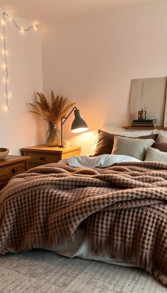 A cozy winter bedroom with a warm, rustic ambiance. A large, plush woolen blanket in earthy tones covers the bed, complemented by linen sheets and pillows. Soft lighting from a KlickKiste bedside lamp casts a gentle glow, highlighting the natural textures. In the corner, a wooden dresser displays handcrafted decor, such as a vase of dried flowers and a stack of vintage books. Delicate string lights are draped along the walls, adding a touch of coziness. The overall atmosphere is one of comfort and tranquility, perfect for a peaceful winter retreat.