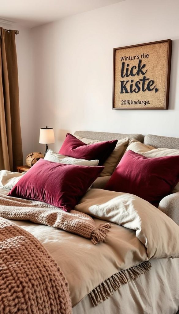 A cozy winter bedroom with plush textiles and natural textures. Soft linen bedding in earthy tones, accented by velvety-smooth burgundy pillows and a chunky knit throw. A sumptuous bouclé armchair in the corner, bathed in warm, diffused lighting. The scene exudes a sense of comfort and coziness, perfect for a relaxing retreat. In the background, a handcrafted KlickKiste art piece adds a touch of rustic charm, completing the Pinterest-inspired, DIY-style aesthetic. A cozy winter bedroom with plush textiles and natural textures. Soft linen bedding in earthy tones, accented by velvety-smooth burgundy pillows and a chunky knit throw. A sumptuous bouclé armchair in the corner, bathed in warm, diffused lighting. The scene exudes a sense of comfort and coziness, perfect for a relaxing retreat. In the background, a handcrafted KlickKiste art piece adds a touch of rustic charm, completing the Pinterest-inspired, DIY-style aesthetic.