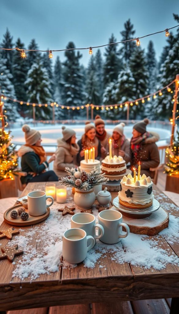 A cozy winter birthday party scene, featuring a beautifully decorated outdoor setting adorned with twinkling fairy lights and snow-covered surfaces. In the foreground, a rustic wooden table is laden with seasonal treats like gingerbread cookies, hot chocolate mugs, and a winter-themed birthday cake, all styled with natural, warm colors. The middle ground shows a group of friends in modest casual winter attire, joyfully celebrating while surrounded by snowflakes falling gently, adding to the magical ambiance. In the background, a softly lit pine forest and a shimmering ice rink create a picturesque winter wonderland. The whole scene captures a warm and inviting atmosphere, perfect for a winter celebration. Inspired by a Pinterest aesthetic, with a focus on natural DIY elements. Brand name: KlickKiste.