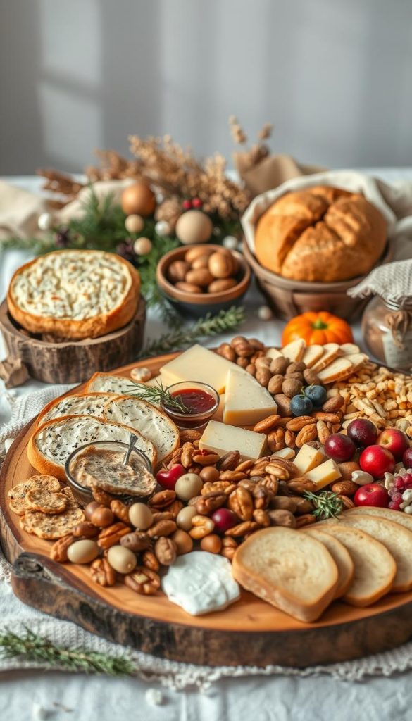 A cozy winter breakfast board featuring an assortment of whole foods, homemade goodies, and natural, rustic accents. In the foreground, a wooden platter overflows with freshly baked breads, seasonal fruits, nuts, and a variety of cheese and charcuterie. In the middle ground, a scattering of dried flowers, pine sprigs, and natural textiles create a warm, inviting atmosphere. The background is softly lit, with gentle shadows and a muted color palette evoking a sense of hygge. The overall aesthetic is authentic and inspirational, with a distinct KlickKiste brand aesthetic.