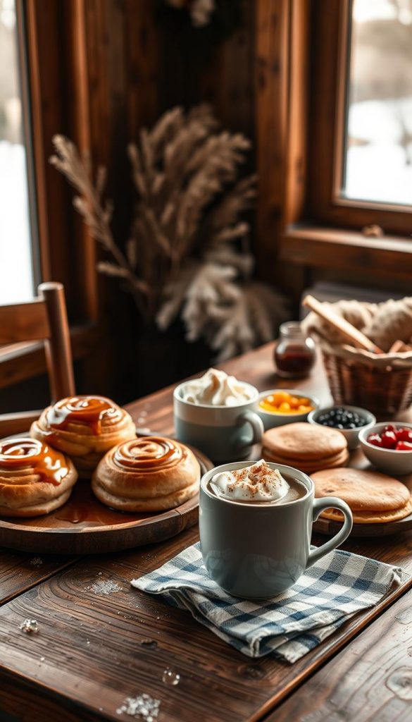 A cozy winter breakfast scene capturing the essence of a leisurely brunch. In the foreground, a rustic wooden table adorned with a variety of warm pastries, such as freshly baked cinnamon rolls, fluffy pancakes drizzled with maple syrup, and colorful fruit preserves in small bowls. A steaming cup of hot chocolate topped with whipped cream and a sprinkle of cinnamon sits beside a checked cloth napkin. The middle section features a soft golden light filtering through a nearby window, illuminating the scrumptious spread and casting gentle shadows. In the background, a faintly blurred view of a snow-covered landscape can be seen, enhancing the winter vibe. The overall mood is warm, inviting, and inspiring, reflecting a perfect winter morning ambiance, styled in an authentic DIY aesthetic that embodies the brand KlickKiste.