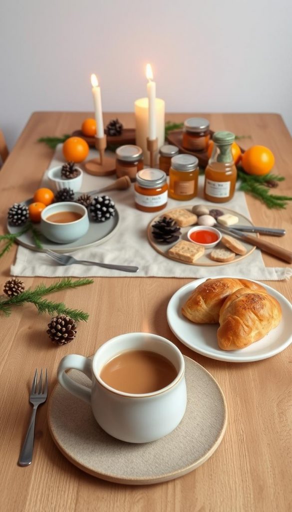 A cozy winter breakfast scene with a rustic, handcrafted aesthetic. A wooden table is set with a neutral-toned linen tablecloth, adorned with natural elements like pinecones, dried oranges, and sprigs of evergreen. Soft, warm lighting from a pair of candles casts a gentle glow, creating a hygge atmosphere. In the foreground, a simple place setting features a ceramic mug filled with a steaming hot beverage, accompanied by a plate of freshly baked pastries. The middle ground showcases a selection of homemade jams, honey, and other breakfast accoutrements arranged in a visually appealing manner. The background features a neutral, slightly textured wall, providing a clean and uncluttered backdrop. The overall composition evokes a sense of warmth, comfort, and a touch of Scandinavian minimalism. A cozy winter breakfast scene with a rustic, handcrafted aesthetic. A wooden table is set with a neutral-toned linen tablecloth, adorned with natural elements like pinecones, dried oranges, and sprigs of evergreen. Soft, warm lighting from a pair of candles casts a gentle glow, creating a hygge atmosphere. In the foreground, a simple place setting features a ceramic mug filled with a steaming hot beverage, accompanied by a plate of freshly baked pastries. The middle ground showcases a selection of homemade jams, honey, and other breakfast accoutrements arranged in a visually appealing manner. The background features a neutral, slightly textured wall, providing a clean and uncluttered backdrop. The overall composition evokes a sense of warmth, comfort, and a touch of Scandinavian minimalism.
