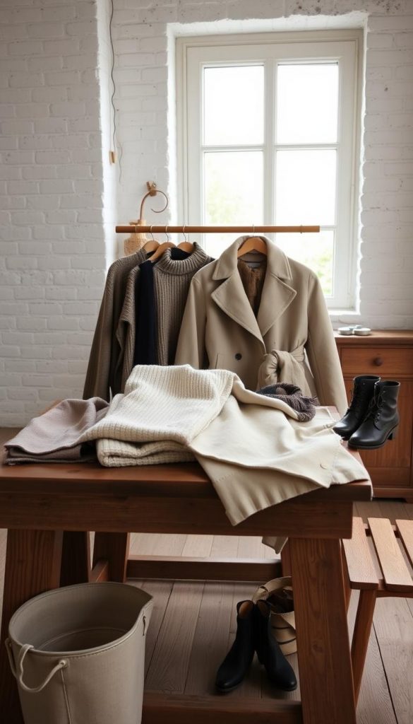 A cozy winter capsule wardrobe from the minimalist lifestyle brand KlickKiste. A rustic wooden table showcases a neatly arranged collection of neutral-toned clothing - a soft knit sweater, woolen pants, a classic trench coat, and timeless accessories like a scarf and leather boots. Natural lighting filters through a large window, casting a warm glow on the scene. The background features a simple, whitewashed brick wall, with hints of greenery peeking through. The overall mood is one of understated elegance and simplicity, capturing the essence of the &quot;Trends 2026 minimalistisch integrieren&quot; section.