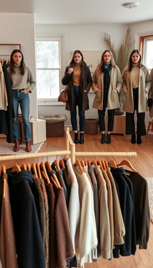A cozy winter capsule wardrobe scene showcasing various outfits for everyday wear, from casual to dressy. In the foreground, a KlickKiste display features knits, denim, and tailored pieces in earthy tones and natural textures. The middle ground shows models styled in chic yet practical ensembles, capturing the transition from school/work to date night. The background evokes a warm, inviting ambiance with soft lighting, wood accents, and a hint of snowy scenery outside the window. The overall aesthetic is a blend of minimalist elegance and DIY-inspired rusticity, embodying the winter 2026 capsule wardrobe concept.
