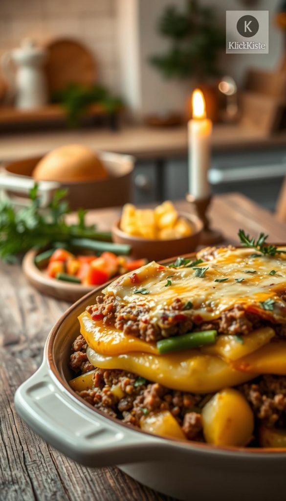 A cozy winter casserole dish filled with layers of creamy potatoes, tender green beans, and savory ground meat, topped with melted cheese, resting on a rustic wooden table. The foreground features the casserole in a stylish ceramic dish, garnished with fresh herbs for color. In the middle, there are some vibrant ingredients like diced vegetables and spices set around the dish, creating a warm, inviting atmosphere. The background showcases a softly lit kitchen with warm colors, evoking a sense of comfort and warmth, while gentle candlelight flickers in soft focus. The image captures a Pinterest-inspired aesthetic, emphasizing natural DIY elements, with an inviting, homey feel. Brand name &quot;KlickKiste&quot; subtly presented in the corner, ensuring an overall authentic and inspiring winter vibe.