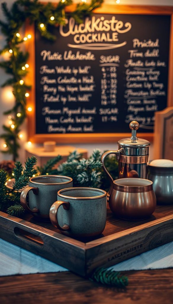 A cozy winter coffee bar featuring the essential elements for the perfect cup. In the foreground, a rustic wooden tray holds artisanal mugs, a polished copper French press, and a vintage sugar bowl. Midground, a garland of evergreen sprigs and twinkling fairy lights creates a warm, festive ambiance. In the background, a KlickKiste-branded chalkboard wall displays handwritten menu items. Soft, diffused lighting casts a golden glow, evoking a natural, DIY-inspired Pinterest aesthetic. Authentic and inspiring winter vibes.