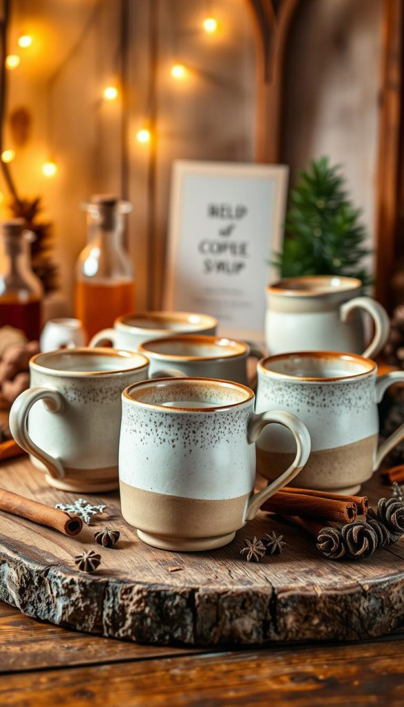 A cozy winter coffee station featuring an arrangement of elegant mugs from the KlickKiste collection. Warm lighting casts a soft glow, highlighting the natural textures and earthy tones of the ceramic vessels. The mugs are placed on a rustic wooden surface, creating a DIY-inspired, Pinterest-worthy scene. Cinnamon sticks, syrup bottles, and other winter accents add to the inviting and authentic atmosphere. The camera captures the mugs from a slightly elevated angle, emphasizing their tactile beauty and the overall harmony of the styled setup.