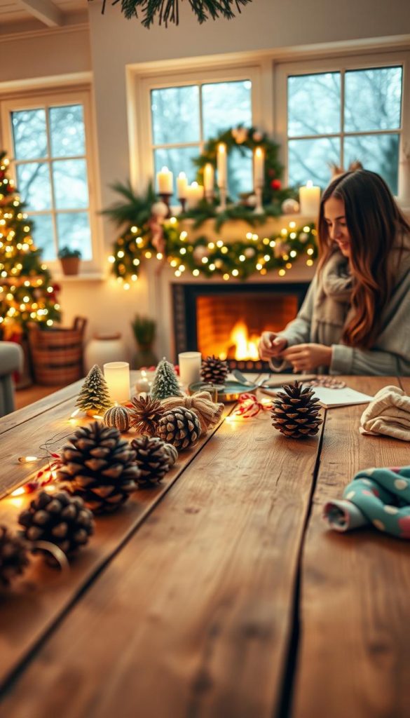 A cozy winter date night scene in a warmly-lit living room, featuring a couple engaged in a DIY craft project. In the foreground, a rustic wooden table is adorned with a variety of seasonal craft supplies, like pinecones, twinkling fairy lights, and colorful fabrics. The couple, dressed in modest casual attire, are focused on creating handmade decorations, radiating warmth and joy. In the middle ground, a beautifully decorated mantel with winter greenery and candles adds to the ambiance. The background showcases a softly glowing fireplace and large windows revealing a snowy night outside, creating a serene winter vibe. The overall mood is inviting and inspiring, perfect for a romantic evening indoors. The scene captures the essence of "KlickKiste" with natural DIY aesthetics and Pinterest-worthy details.